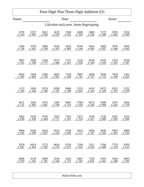 The Four-Digit Plus Three-Digit Addition With Some Regrouping – 100 Questions (O) Math Worksheet