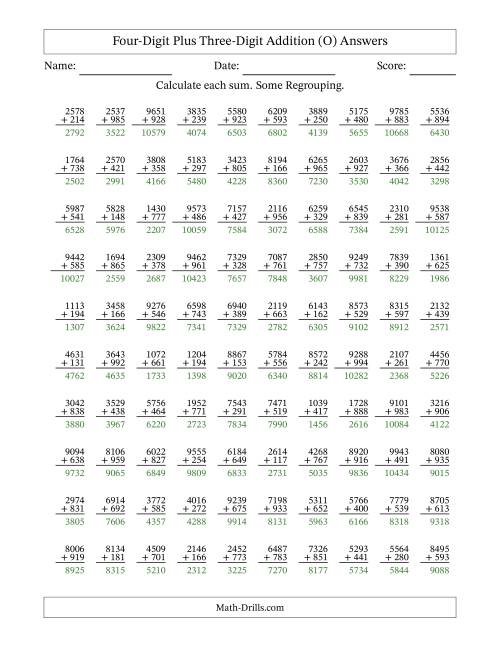 The Four-Digit Plus Three-Digit Addition With Some Regrouping – 100 Questions (O) Math Worksheet Page 2
