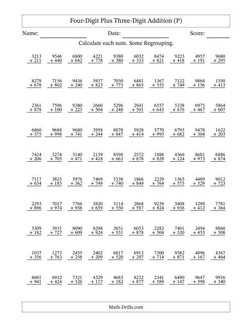 The Four-Digit Plus Three-Digit Addition With Some Regrouping – 100 Questions (P) Math Worksheet