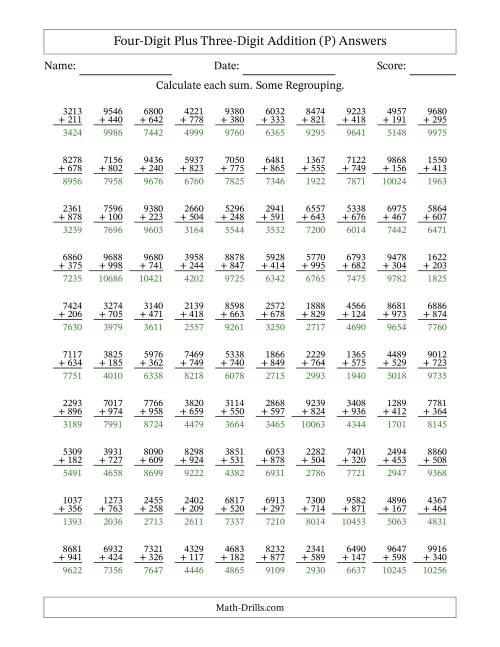 The Four-Digit Plus Three-Digit Addition With Some Regrouping – 100 Questions (P) Math Worksheet Page 2