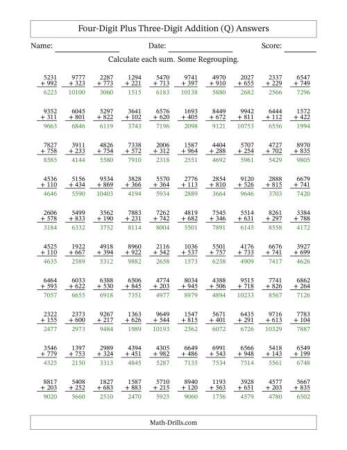 The Four-Digit Plus Three-Digit Addition With Some Regrouping – 100 Questions (Q) Math Worksheet Page 2
