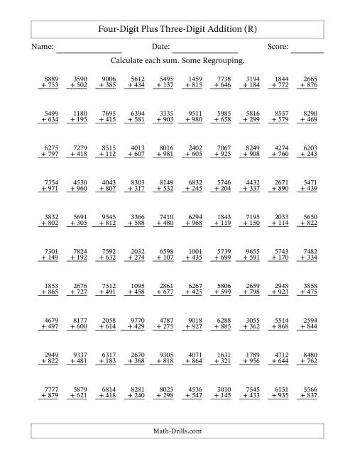 The Four-Digit Plus Three-Digit Addition With Some Regrouping – 100 Questions (R) Math Worksheet