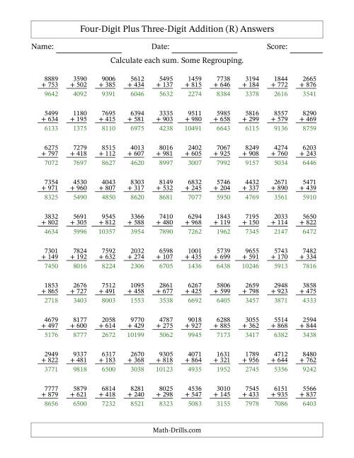The Four-Digit Plus Three-Digit Addition With Some Regrouping – 100 Questions (R) Math Worksheet Page 2