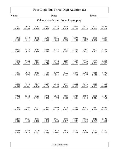 The Four-Digit Plus Three-Digit Addition With Some Regrouping – 100 Questions (S) Math Worksheet