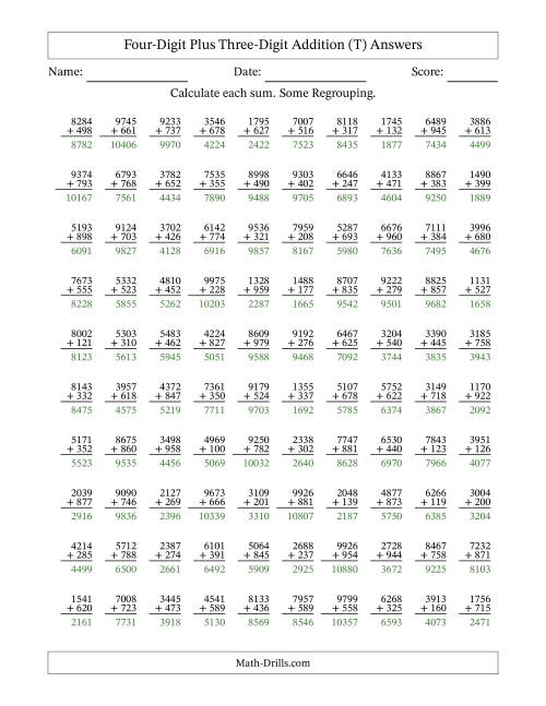 The Four-Digit Plus Three-Digit Addition With Some Regrouping – 100 Questions (T) Math Worksheet Page 2
