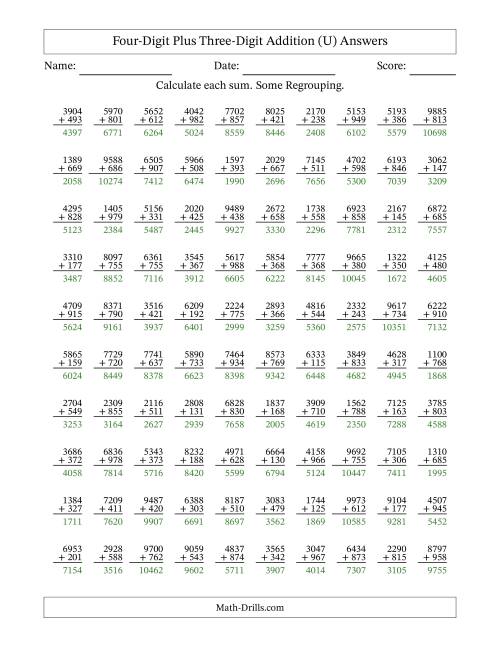 The Four-Digit Plus Three-Digit Addition With Some Regrouping – 100 Questions (U) Math Worksheet Page 2