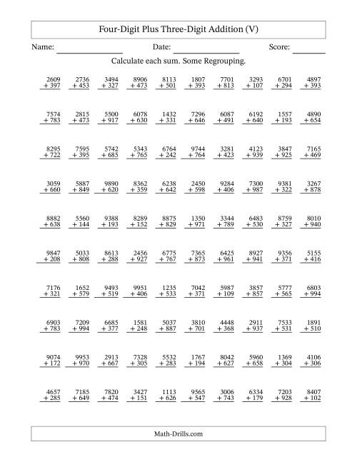 The Four-Digit Plus Three-Digit Addition With Some Regrouping – 100 Questions (V) Math Worksheet