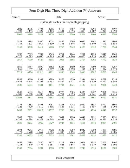 The Four-Digit Plus Three-Digit Addition With Some Regrouping – 100 Questions (V) Math Worksheet Page 2