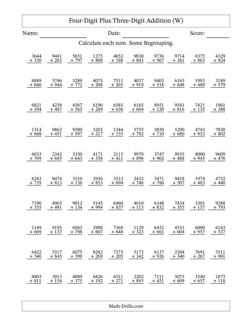 The Four-Digit Plus Three-Digit Addition With Some Regrouping – 100 Questions (W) Math Worksheet