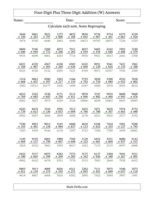 The Four-Digit Plus Three-Digit Addition With Some Regrouping – 100 Questions (W) Math Worksheet Page 2
