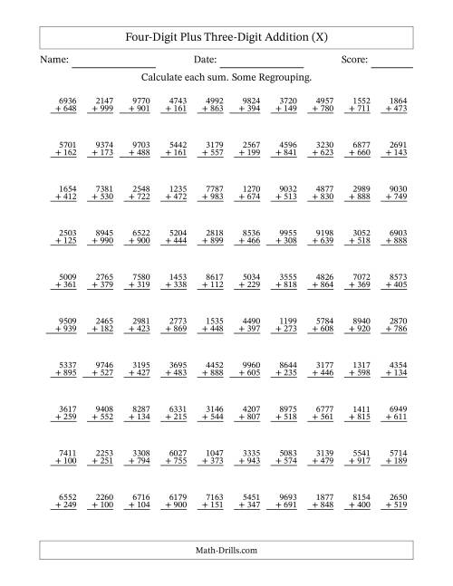 The Four-Digit Plus Three-Digit Addition With Some Regrouping – 100 Questions (X) Math Worksheet