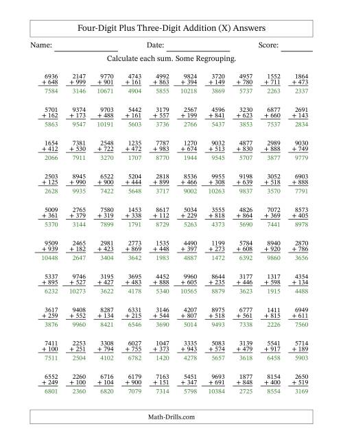 The Four-Digit Plus Three-Digit Addition With Some Regrouping – 100 Questions (X) Math Worksheet Page 2