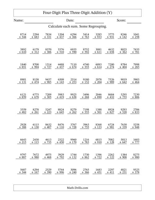The Four-Digit Plus Three-Digit Addition With Some Regrouping – 100 Questions (Y) Math Worksheet