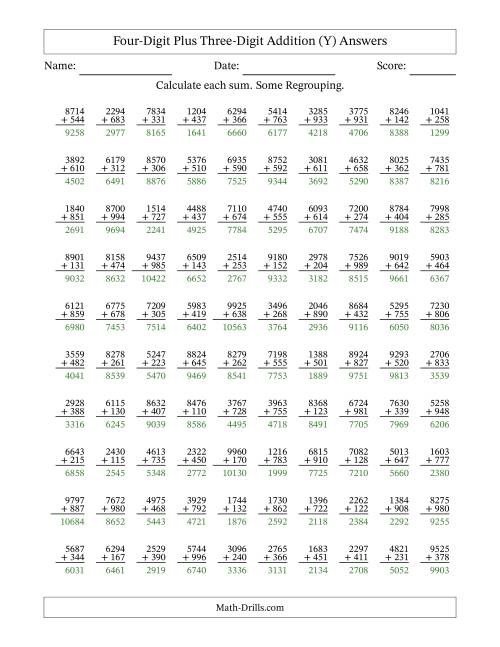 The Four-Digit Plus Three-Digit Addition With Some Regrouping – 100 Questions (Y) Math Worksheet Page 2