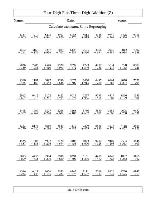 The Four-Digit Plus Three-Digit Addition With Some Regrouping – 100 Questions (Z) Math Worksheet
