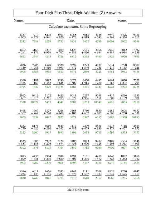 The Four-Digit Plus Three-Digit Addition With Some Regrouping – 100 Questions (Z) Math Worksheet Page 2