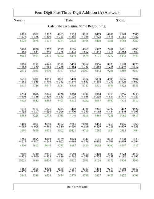 The Four-Digit Plus Three-Digit Addition With Some Regrouping – 100 Questions (All) Math Worksheet Page 2