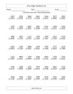 Four-Digit Addition With Some Regrouping – 49 Questions