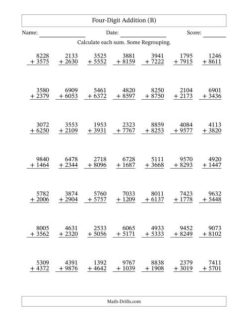The Four-Digit Addition With Some Regrouping – 49 Questions (B) Math Worksheet