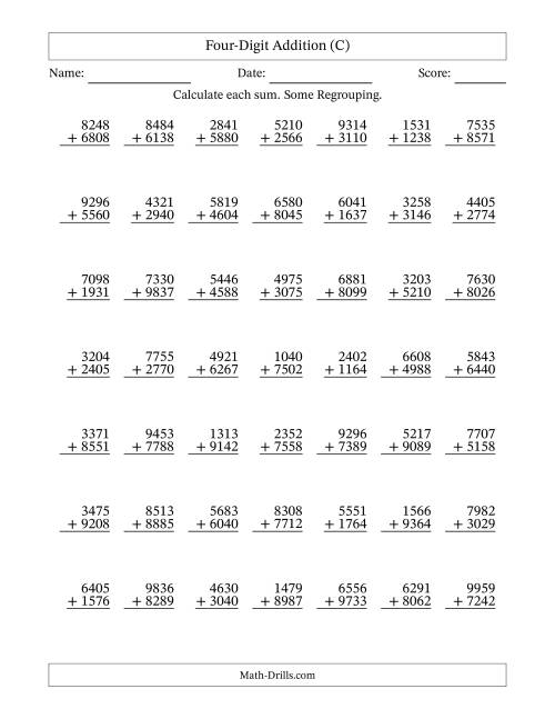 The Four-Digit Addition With Some Regrouping – 49 Questions (C) Math Worksheet