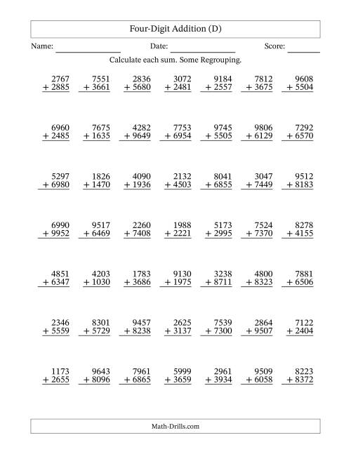 The Four-Digit Addition With Some Regrouping – 49 Questions (D) Math Worksheet