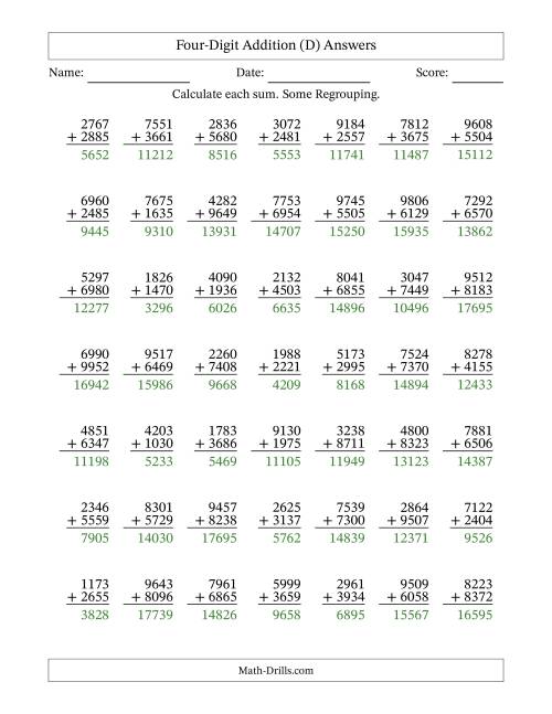 The Four-Digit Addition With Some Regrouping – 49 Questions (D) Math Worksheet Page 2