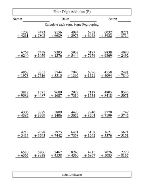 The Four-Digit Addition With Some Regrouping – 49 Questions (E) Math Worksheet