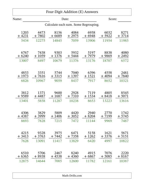 The Four-Digit Addition With Some Regrouping – 49 Questions (E) Math Worksheet Page 2