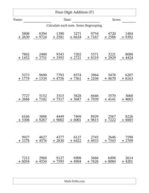 The Four-Digit Addition With Some Regrouping – 49 Questions (F) Math Worksheet