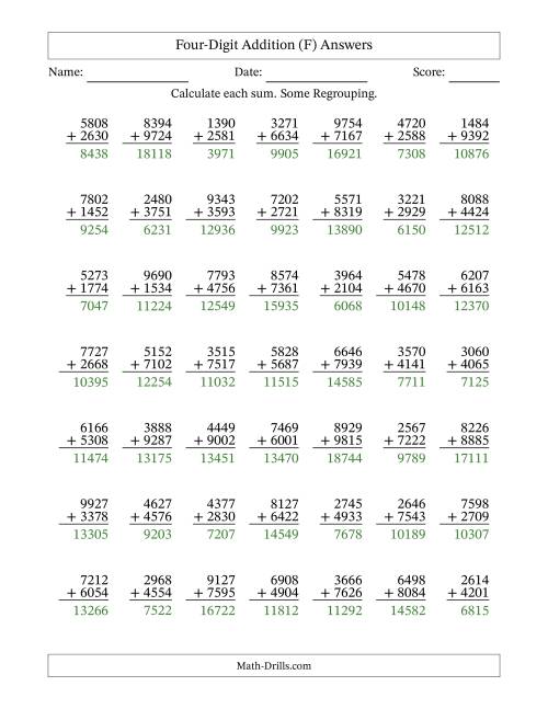 The Four-Digit Addition With Some Regrouping – 49 Questions (F) Math Worksheet Page 2