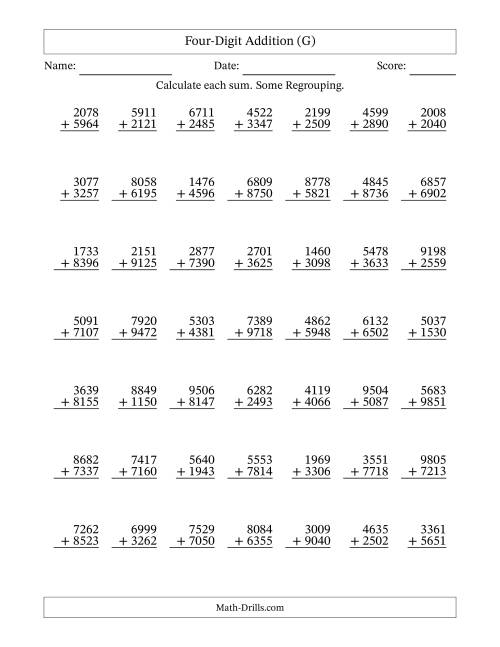 The Four-Digit Addition With Some Regrouping – 49 Questions (G) Math Worksheet