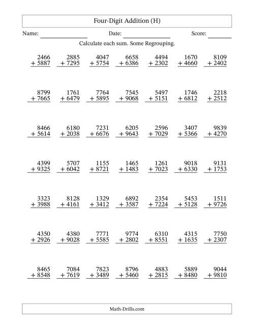 The Four-Digit Addition With Some Regrouping – 49 Questions (H) Math Worksheet