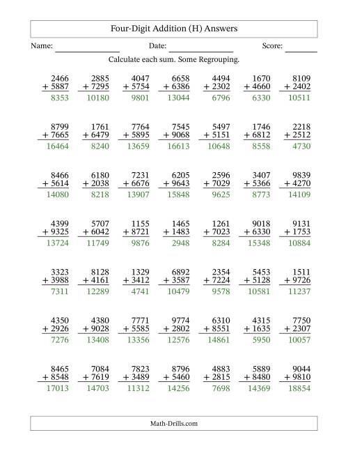 The Four-Digit Addition With Some Regrouping – 49 Questions (H) Math Worksheet Page 2