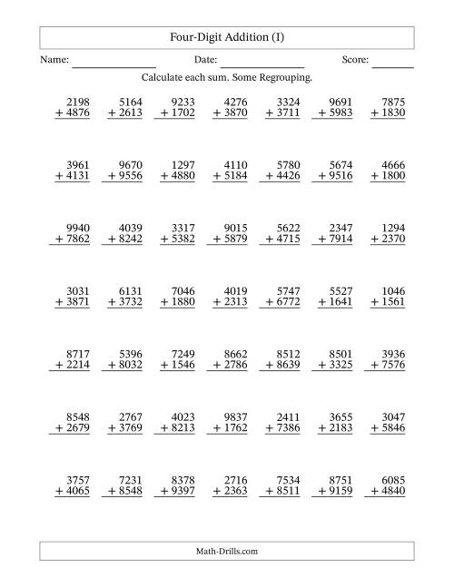 The Four-Digit Addition With Some Regrouping – 49 Questions (I) Math Worksheet