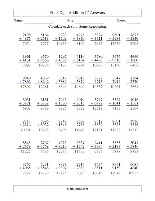 The Four-Digit Addition With Some Regrouping – 49 Questions (I) Math Worksheet Page 2