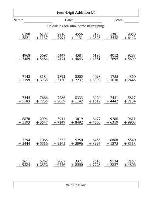 The Four-Digit Addition With Some Regrouping – 49 Questions (J) Math Worksheet