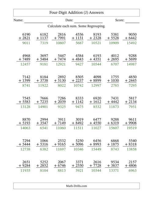 The Four-Digit Addition With Some Regrouping – 49 Questions (J) Math Worksheet Page 2