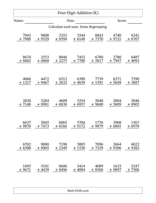 The Four-Digit Addition With Some Regrouping – 49 Questions (K) Math Worksheet