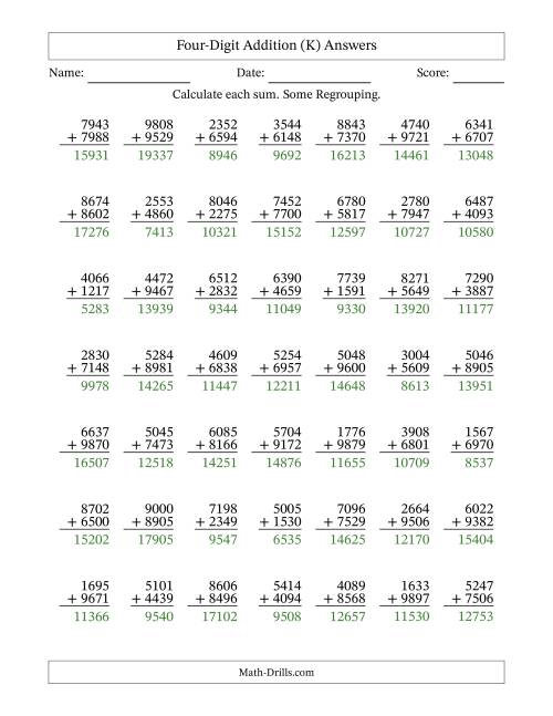 The Four-Digit Addition With Some Regrouping – 49 Questions (K) Math Worksheet Page 2