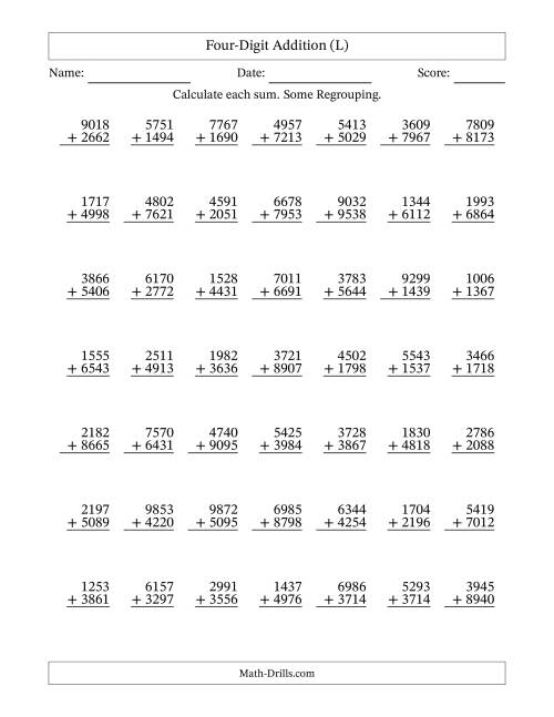 The Four-Digit Addition With Some Regrouping – 49 Questions (L) Math Worksheet