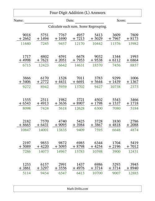 The Four-Digit Addition With Some Regrouping – 49 Questions (L) Math Worksheet Page 2