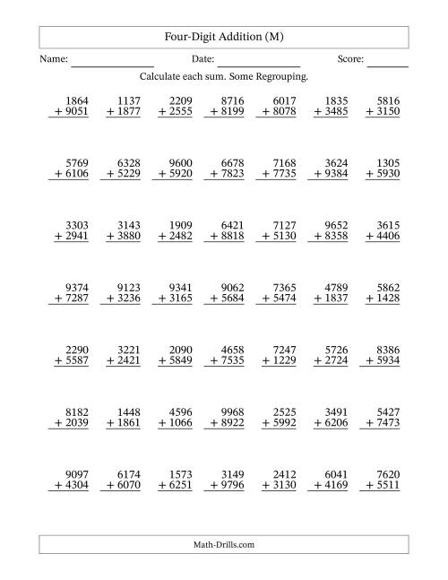The Four-Digit Addition With Some Regrouping – 49 Questions (M) Math Worksheet