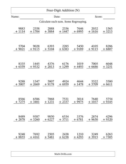 The Four-Digit Addition With Some Regrouping – 49 Questions (N) Math Worksheet