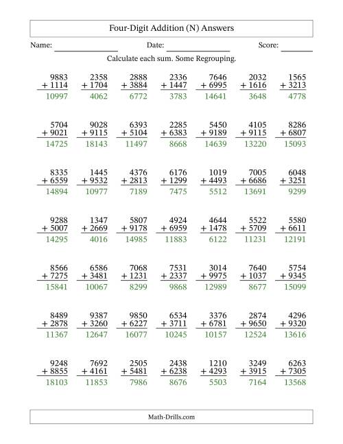 The Four-Digit Addition With Some Regrouping – 49 Questions (N) Math Worksheet Page 2