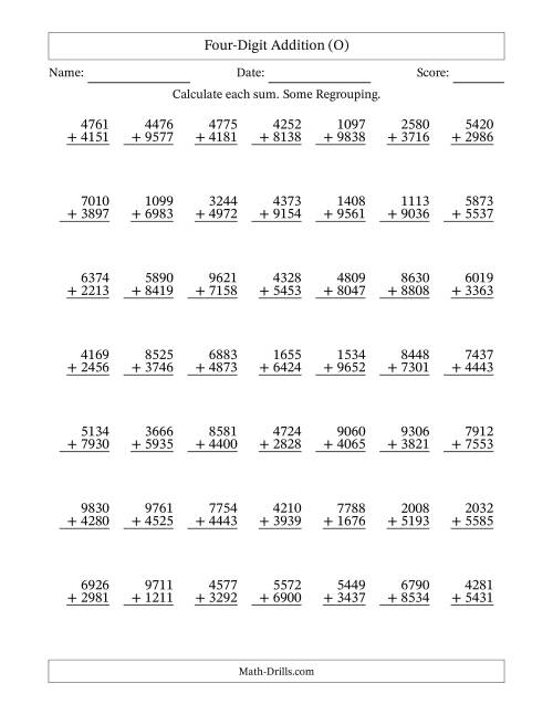 The Four-Digit Addition With Some Regrouping – 49 Questions (O) Math Worksheet