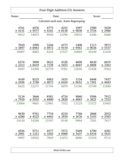 The Four-Digit Addition With Some Regrouping – 49 Questions (O) Math Worksheet Page 2