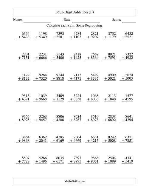 The Four-Digit Addition With Some Regrouping – 49 Questions (P) Math Worksheet