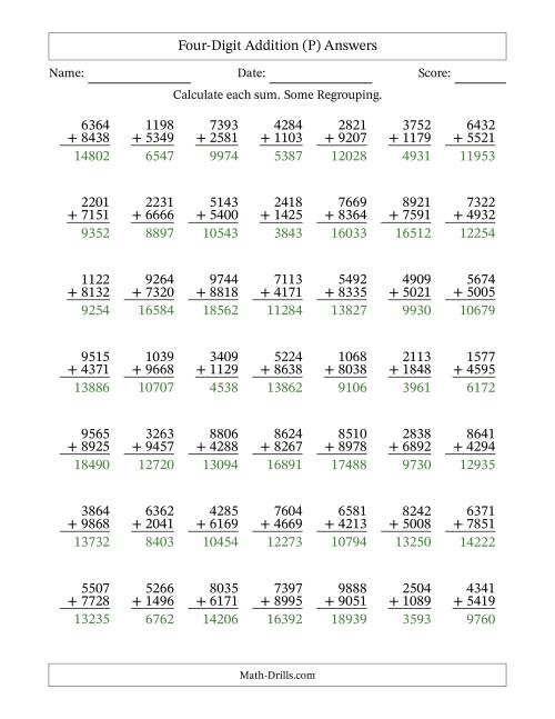The Four-Digit Addition With Some Regrouping – 49 Questions (P) Math Worksheet Page 2