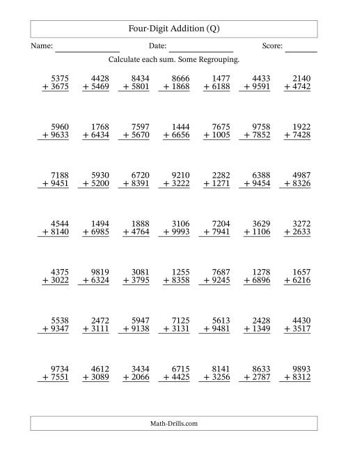 The Four-Digit Addition With Some Regrouping – 49 Questions (Q) Math Worksheet