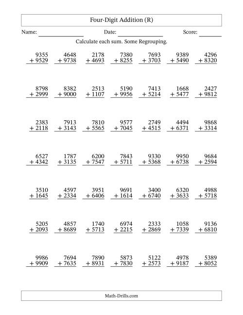 The Four-Digit Addition With Some Regrouping – 49 Questions (R) Math Worksheet
